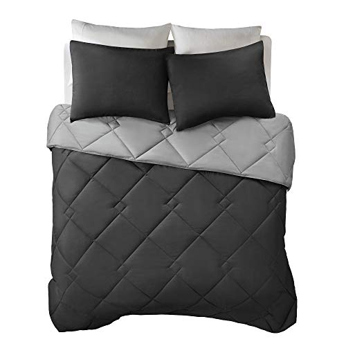 Comfort Spaces Vixie Reversible Comforter Set - Trendy Casual Geometric Quilted Cover, All Season Down Alternative Cozy Bedding, Matching Sham, Black/Gray, Full/Queen 3 piece | Down Alternative, All Season, Bedding for Bedroom, Geometric Pattern, Reversib