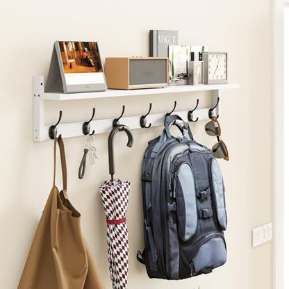 BAMEOS 35" L Wall Hooks with Shelf, Entryway Coat Hooks, Wood Wall Hanging Shelf, Wall-Mounted Coat Rack with 7 Dual Metal Hooks for Bathroom, Kitchen, Living Room, Bedroom (White) - style: White-35IN with shelf