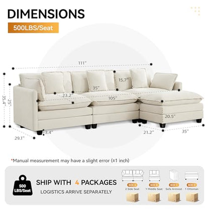 111'' Sectional Cloud Deep Seat Couch, Modern Comfy Chenille L Shaped Sectional Sofa for Living Room Set, Upholstered Modular 4-Seats Sofa Couch with Movable Ottoman, Beige - color: Beige, size: 111'' L Shape