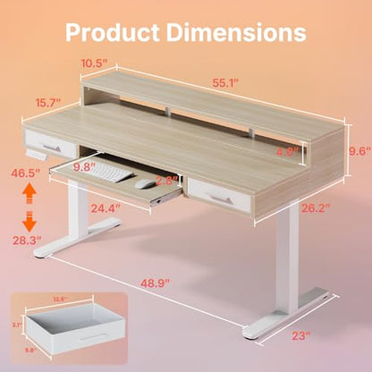 HUANUO 48″ x 26″ Electric Standing Desk with 2 Drawers &24.4″ Large Keyboard Tray, C-Clamp Mount Compatible, Adjustable Computer Desk for Office, Sit Stand Up Desk with 4 Height Presets, Light Walnut - color: Light Walnut, size: 48*26 inch