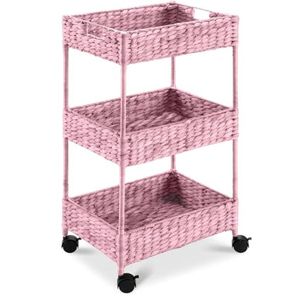Best Choice Products 3-Tier Water Hyacinth Rolling Nursery Caddy w/Wheels, Utility Cart, Storage Organization for Bathroom, Craft Room, Laundry Room - Pink - color: Pink