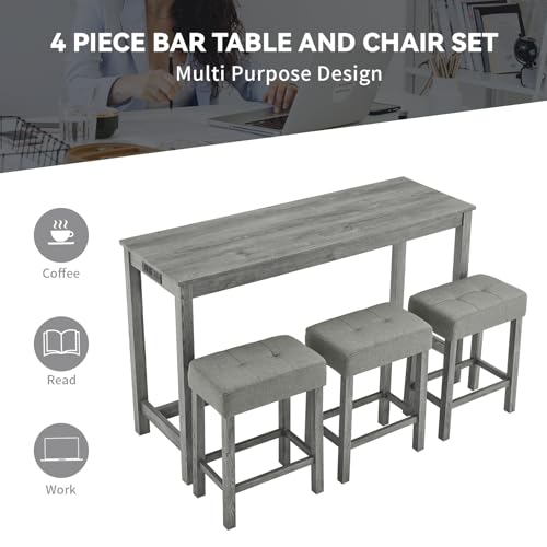 59" Industrial 4 Piece Bar Table Set with Built-in Power Outlet, Behind Couch Sofa Table with 3 Linen Upholstered Stools, Bar Table and Chairs Set for Living Room, Dining Room, Lounge, Gray - color: R2-gray