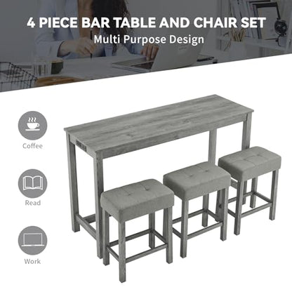 59" Industrial 4 Piece Bar Table Set with Built-in Power Outlet, Behind Couch Sofa Table with 3 Linen Upholstered Stools, Bar Table and Chairs Set for Living Room, Dining Room, Lounge, Gray - color: R2-gray