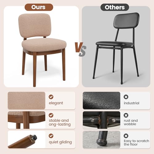 Wooden Dining Chairs Set of 6, Boucle Upholstered Kitchen Chairs with Solid Wood Legs, Mid Century Modern Dining Chairs, Farmhouse Side Chair with Hardwood Frame for Dining Room, Khaki - color: Khaki, size: Set of 6