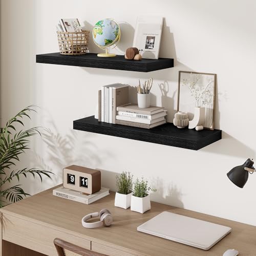 Fun Memories Floating Shelves for Wall, 30 Inch Long Floating Shelves Set of 3, 30 x 10 Wooden Shelves for Wall, Large Storage Shelves, Hanging Shelves for Bathroom Kitchen Bedroom, Black - color: Classic Black, size: 30W x 10D x 1.5H