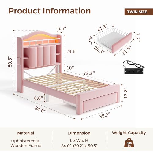 Twin LED Bed Frame with Storage Headboard & 2 Storage Drawers, Princess Velvet Upholstered Bed with Vertical Tufted Headboard Design for Girls, USB & Type-C Charging Ports, Wooden Slats Support, Pink - color: Pink, size: Twin