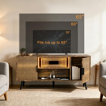 Lightdot 55" Fluted Small Amber TV Stand with Outlet & Fireplace Light | Media Console with Storage, Mid Century Cabinet Fits 55-65" TV, for Living Room/Bedroom/Sofa Cabinet,Easy Assembly - color: Amber-mirror/55"