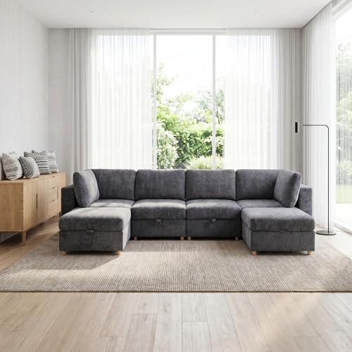 KEIKI Large Modular Sectional Couch with Hidden Storage Seats, Convertible 6 Seater Sleeper Sofa with Washable Covers and Ottoman, Modern Fabric Sofa for Home Theater, Lounge or Entertainment Room - size: 6-Seater