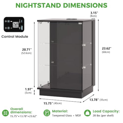 HNEBC LED Nightstand with USB-C Charging Station&Lights for Bedroom-Black | Curio china Cabinet, Motion Sensor Smart Glass RGB Side Table with App Control, Charging Station Tempered Glass Collectiblem - color: 91174-black
