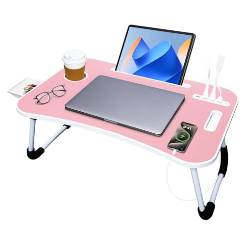 23.6 in Laptop Lap Desk, Foldable Laptop Table Tray with 4 USB Ports, 1 USB Charging Cable, Storage Drawer, Cup Holder, Bed Desk Stand Lap Tray Portable Standing Table for Bed Couch Floor - color: Pink