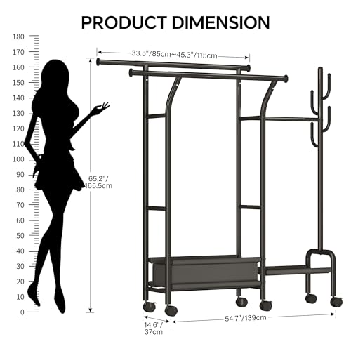 Homeiju Heavy Duty Clothes Rack Load 500LBS, Three Rods Clothing Racks for Hanging Clothes Extendable, Rolling Garment Rack with Sturdy Wheels, Basket, Storage Shelves, Black - color: Black