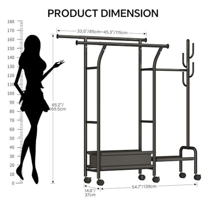 Homeiju Heavy Duty Clothes Rack Load 500LBS, Three Rods Clothing Racks for Hanging Clothes Extendable, Rolling Garment Rack with Sturdy Wheels, Basket, Storage Shelves, Black - color: Black