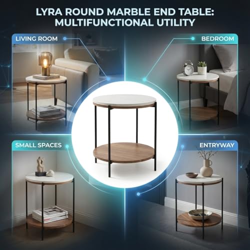 Lyra Round Marble End Table – Solid Acacia Wood Shelf, Open Storage Side Table for Living Room, Bedroom, Entryway, Small Spaces – Nightstand, Plant Stand, Modern Accent Table with Metal Frame - color: Lyra White