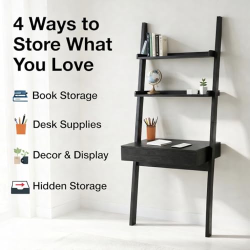 Home Office Desk with Ladder Shelf & Drawer, Computer Writing Desk with Storage Shelves, Modern Small Desk for Bedroom Study