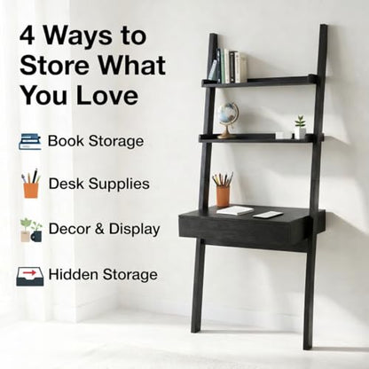 Home Office Desk with Ladder Shelf & Drawer, Computer Writing Desk with Storage Shelves, Modern Small Desk for Bedroom Study