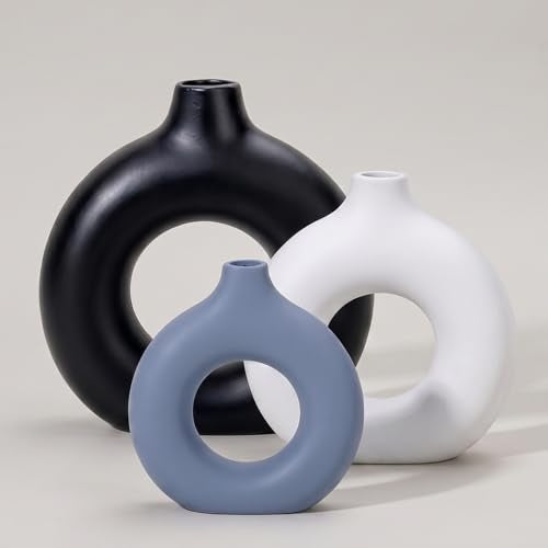 Ceramic Vases Set of 3 - Modern Farmhouse Boho Home Decor Black White Gray | Flower Vase for Living Room Shelf Entry Way Table Centerpiece Decorations - Kitchen Dining Bedroom Aesthetic Decor - color: Black White Gray
