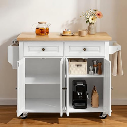 VEVOR Kitchen Island Cart with Storage, 43.7 in Wide Mobile Rolling Storage Island on Swivel Wheels, with 2 Drawers, Storage Cabinet, Spice/Towel Rack, Hooks, Table for Home Dining Room, White | Home Dining Use, Spice Towel Rack With Hooks, Cabinet Shelve