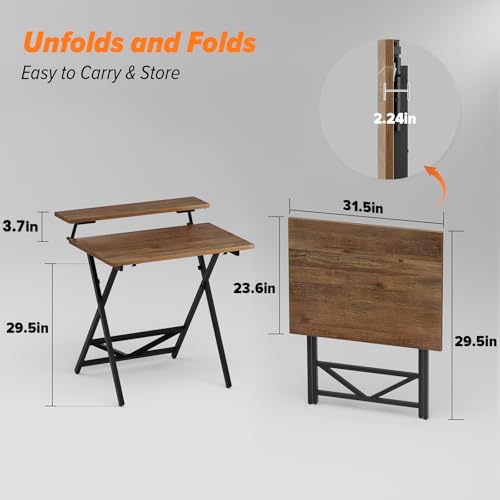 WOHOMO Folding Computer Desk with Monitor Stand, Adjustable Height, Walnut | Foldable Table Small Office Desk for Bedroom, Space Saving Desk for Home Office, Easy Assembly - color: Walnut