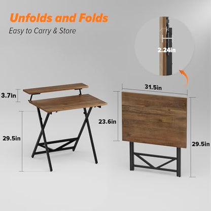 WOHOMO Folding Computer Desk with Monitor Stand, Adjustable Height, Walnut | Foldable Table Small Office Desk for Bedroom, Space Saving Desk for Home Office, Easy Assembly - color: Walnut