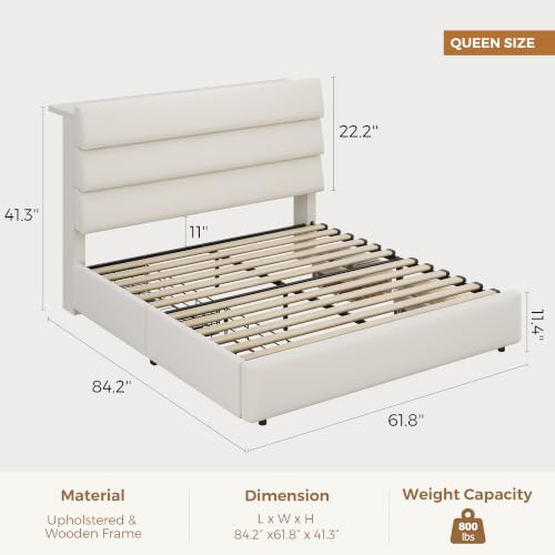 Jocoevol Beige Queen Size Bed Frame with 2 Storage Drawers&Headboard Shelf | Velvet Upholstered Platform Bed with LED Lights & Charging Station, Wooden Slats Support, No Box Spring Needed - color: Beige, size: Queen