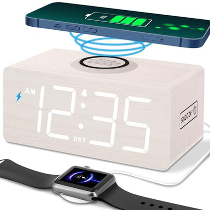 DreamSky Wooden Digital Alarm Clock with Wireless Charging for Bedroom | Bedside Nightstand Clock with Charger Station, USB Port, Large Numbers, Adjustable Volume, Brightness Dimmer, DST - color: White