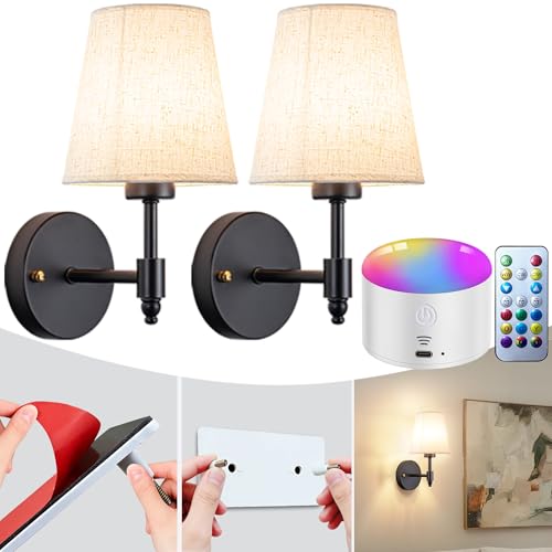 YHCDLAMP Peel and Stick Wall Sconces, No Drilling Stick On Wall Sconce, Wireless Battery Operated Wall Lights, Adhesive Wall Lamp with 10000mAh Battery Bulb for Bedroom Living Room Decor - color: Black-11.8inch
