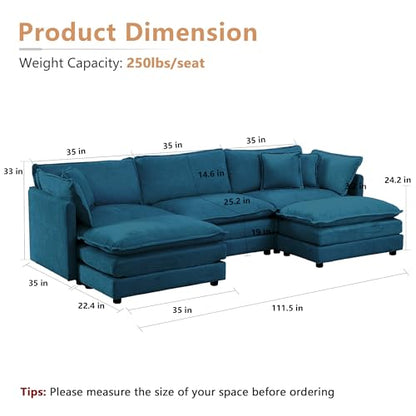 Modular Sectional Sofa, 111.5 Inch U Shaped Couch Set for Living Room, 3-Seater Comfy Cloud Couches with Movable Ottoman, DIY Combination, Chenille, Blue - color: Blue, size: 111.5 Inch- U
