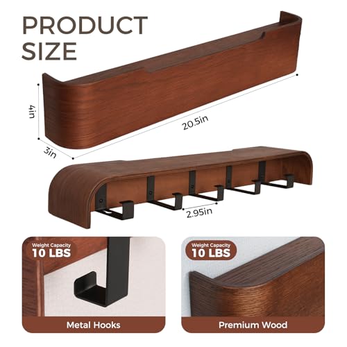 Coat Rack Wall Mount with Shelf Entryway Shelf Modern Key Holder Hanger Wall Shelves with Hidden Hooks for Hanging Towels Coats Hats Bags for Hallway Bathroom Bedroom(Walnut Color, 5 Hooks) - color: Walnut Color, size: 5 hooks