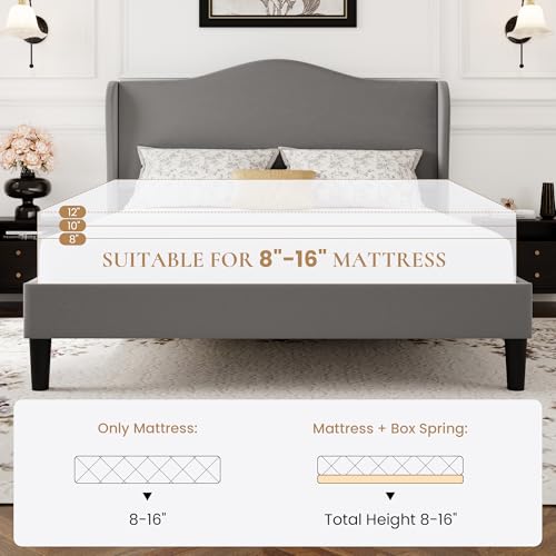 SHA CERLIN Queen Size Bed Frame with Curved Wingback Headboard, Soft Grey | Modern Luxury Design Velvet Platform Bed with Sturdy Wooden Slats,Noise-Free, No Box Spring Needed, Easy Assembly - color: Soft Grey, size: Queen