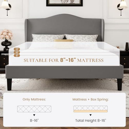 SHA CERLIN Queen Size Bed Frame with Curved Wingback Headboard, Soft Grey | Modern Luxury Design Velvet Platform Bed with Sturdy Wooden Slats,Noise-Free, No Box Spring Needed, Easy Assembly - color: Soft Grey, size: Queen