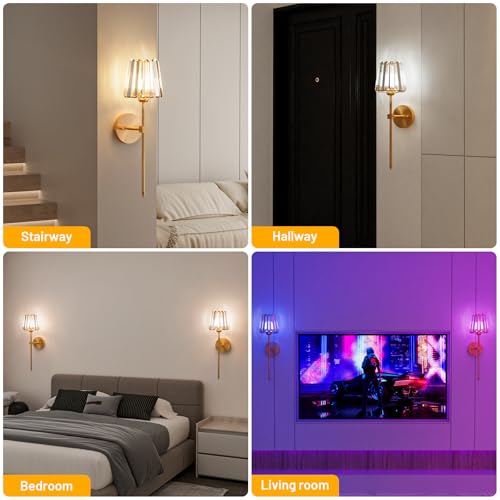 Crystal Battery Operated Wall Sconces Set of 2, Gold Rechargeable Wireless Wall Sconce Lights with Crystal Lampshade, 12 RGB and 3CCT Dimmable Wall Lamps with Remote for Bedroom Living Room Hallway - color: Gold