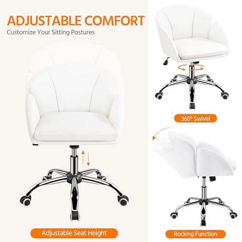 Yaheetech White Petal Faux Leather Makeup Vanity Desk Chair, Swivel Wheels | Easy-clean faux leather cushioned seat fits makeup vanity, nail salon or office desks; adjustable height, swivel, fast setup. - color: White