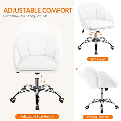 Yaheetech White Petal Faux Leather Makeup Vanity Desk Chair, Swivel Wheels | Easy-clean faux leather cushioned seat fits makeup vanity, nail salon or office desks; adjustable height, swivel, fast setup. - color: White
