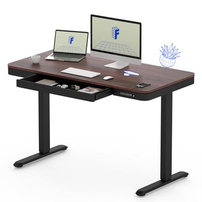 FLEXISPOT Comhar 48" Electric Standing Desk with Storage, Built-in Drawer & USB Charging Ports, Height Adjustable Sit Stand Computer Desk, Quick Assembly, Child Lock, Walnut - size: 48"Dark Walnut/Black