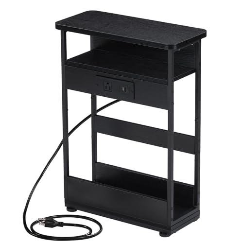 YEAKOO Narrow Side Table with Charging Station, 3-Tier End Table with 2 USB Ports & Power Outlets,Thin Sofa Side Table for Narrow and Small Spaces, Bedside Table Nightstand for Living Room,Black - color: Black