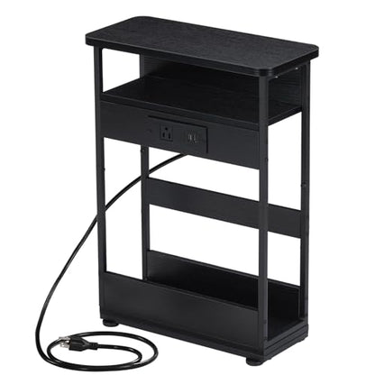YEAKOO Narrow Side Table with Charging Station, 3-Tier End Table with 2 USB Ports & Power Outlets,Thin Sofa Side Table for Narrow and Small Spaces, Bedside Table Nightstand for Living Room,Black - color: Black