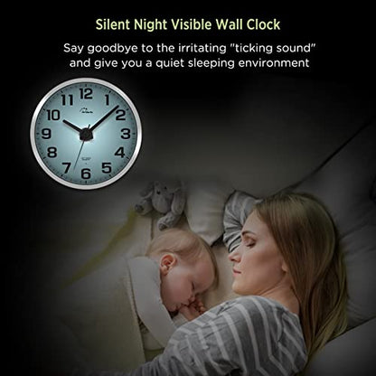 Night Light Wall Clock for Bedroom, 12 Inch | Silent, Lighted up Glow in the Dark, Battery Operated, Easy to Read Large Digital Display - color: Silver