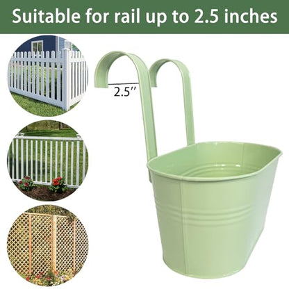 2 Pack 10" Balcony Hanging Metal Fence Planters Flower Pots, Mint Green | Removable hook, Drainage hole, Rustproof, For flowers / herbs / succulents, veggies, For railings / fences / balconies - color: Mint Green