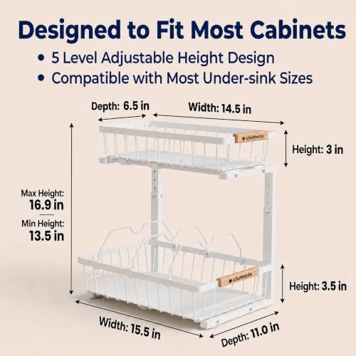 Under Sink Organizer with Motion-Activated LED Lights, 2 Pack, 2 Tier Sliding L-Shaped Carbon Steel Rack with Adjustable Height, Dividers & Hooks (White) - color: White