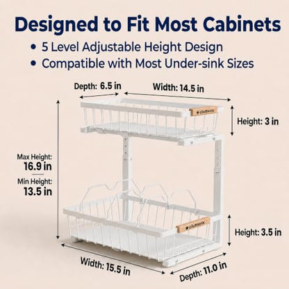 Under Sink Organizer with Motion-Activated LED Lights, 2 Pack, 2 Tier Sliding L-Shaped Carbon Steel Rack with Adjustable Height, Dividers & Hooks (White) - color: White