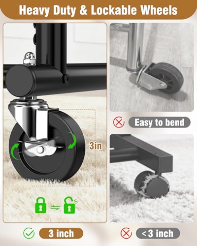 Heavy Duty Clothes Rack for Hanging Clothes Load 556 LBS, Height Adjustable Rolling Clothing Racks, Portable Metal Coat Rack Garment Wardrobe with Wheels and Shelves for Bedroom Laundry, Black - color: Black, style: 2 Shelves