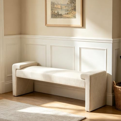 Upholstered Entryway Bench, 58.7" Modern Bedroom Bench, Camel | Curved Armrests, Solid Wood Frame, End of Bed, Bedroom, Living Room, Hallway - color: Tan-linen, size: 58.7"