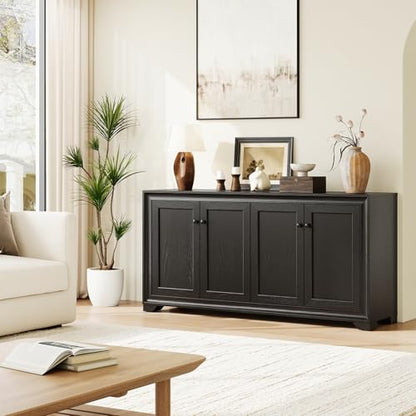 60" Buffet Cabinet with Storage, 4 Doors & Adjustable Shelves Black | Credenza Sideboard Cabinets Wood with Adjustable Shelves, Modern Kitchen Coffee Bar Table for Dining Living Room, Entryway - color: Black