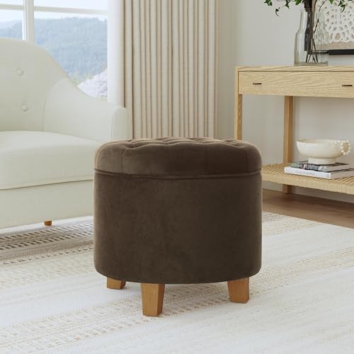 HomePop 19" Velvet Button Tufted Round Storage Ottoman - Brown Velvet - color: Brown Velvet