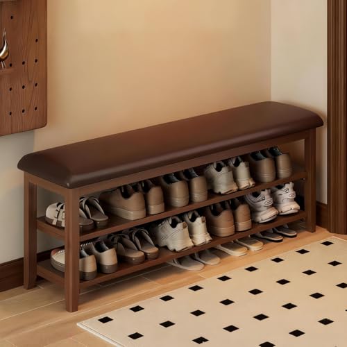 Wooden Shoe Storage Bench with Leather Cushion, Dark Brown, 39.4" | Rustic Solid Wood Entryway Bench, Shoe Rack Bench for Hallway, Front Door, Equipped with 2 Height-Adjustable Shelves - color: Dark Brown, size: 39.4"L x 11.8"W x 18"H