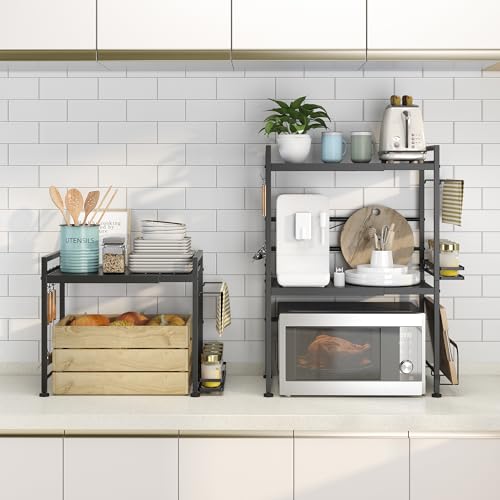 DOLALIKE Microwave Oven Rack, Expandable Microwave Stand Countertop Kitchen Utensils Tableware Storage, Carbon Steel Over Microwave Shelf Countertop with 6 Hooks | Adjustable Microwave Oven Rack Metal Storage Shelf for Pans Small Appliances Kitchen Utensi