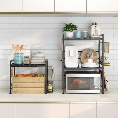 DOLALIKE Microwave Oven Rack, Expandable Microwave Stand Countertop Kitchen Utensils Tableware Storage, Carbon Steel Over Microwave Shelf Countertop with 6 Hooks | Adjustable Microwave Oven Rack Metal Storage Shelf for Pans Small Appliances Kitchen Utensi