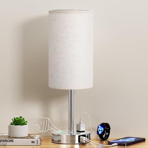 White Touch Table Lamp for Bedroom - Bedside Desk Lamp for Dorm Study | 17" Night Stand Lamp, USB A+C Ports, 3-Way Dimmable, LED Bulb Included, White Linen-Texture Shade, Sleek Silver Metal Baset - color: Cream, size: 17.4in