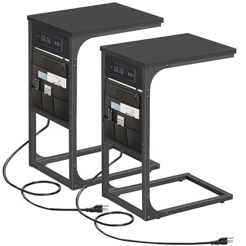 TUTOTAK C Shaped End Table with Charging Station, Side Table for Sofa | Couch Table with Storage Bag, TV Tray with 2 USB Ports and Outlets, Set of 2, Living Room and Bedroom, Black TB01BK0242 - color: Black, size: 2 Pack (11.8"W), style: With Plug