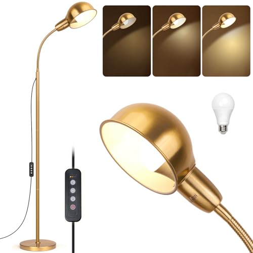 Ruiever Gold Floor Lamp with Flexible Gooseneck and Rotatable Shade，Standing Lamp Include Dimmer LED Bulb，Ideal Tall Lamp with Dimmer and Timer Switch for Reading,Bedside and Living Room (Gold) - color: Gold